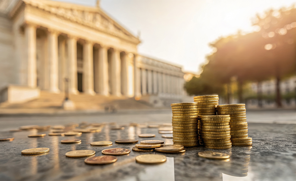 Financial Concept using Stacks of coints infront of a government building