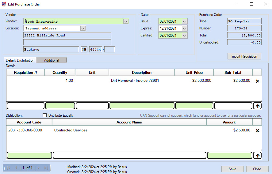 Accounting module showing transaction processing for warrants, receipts, and purchase orders