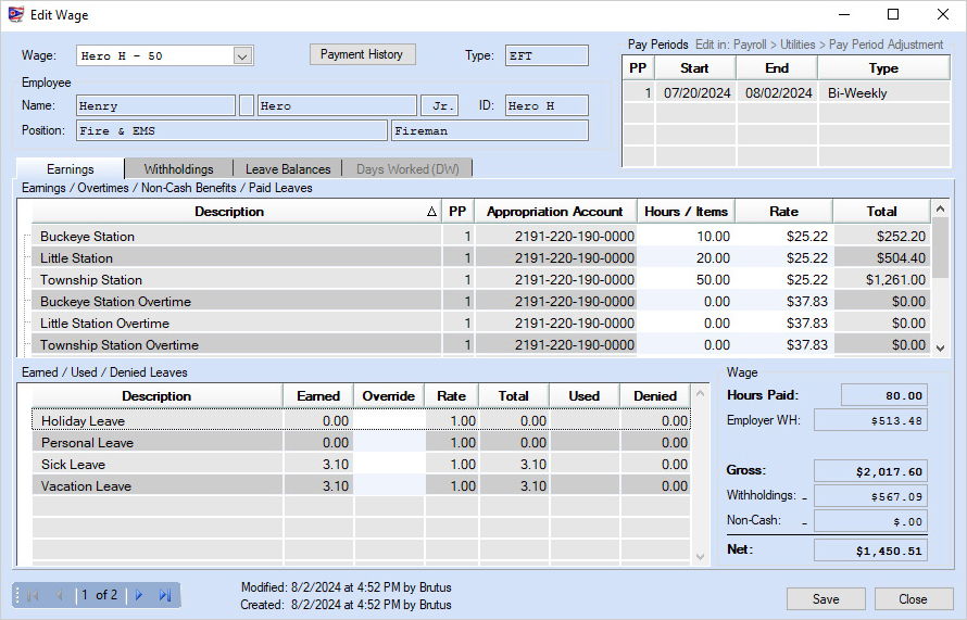 Payroll module displaying employee earnings, withholdings, and payroll processing options